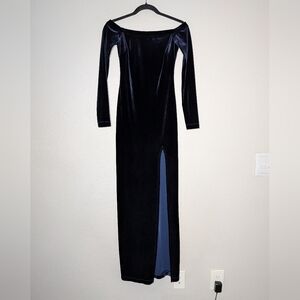 Pear Culture Navy Blue Velvet Off Shoulder Glam Side Slit Maxi Dress 0 XS